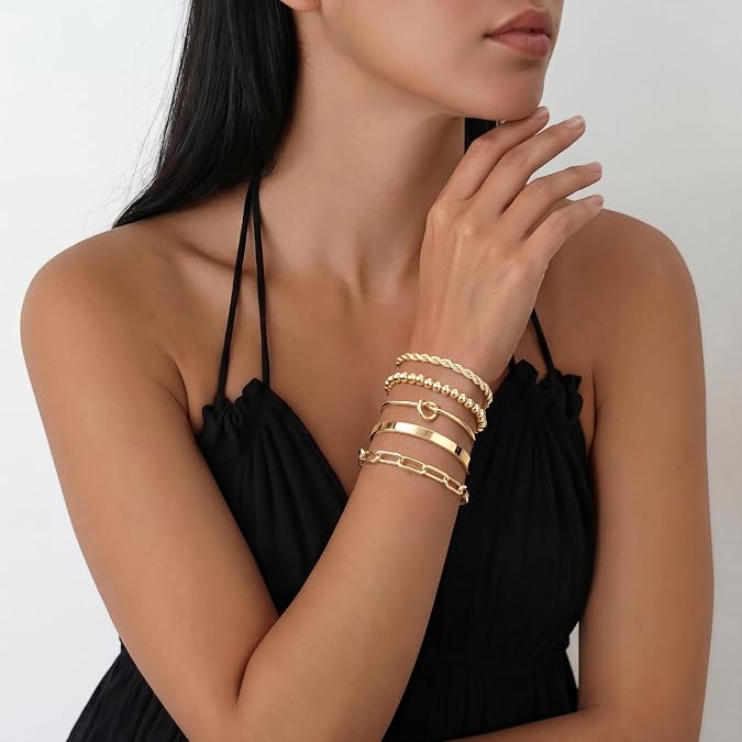 Gokeey Gold Bracelets Set for Women Non Tarnish, Waterproof 14K Gold Plateder Women Trendy Fashion Accessories Tie Knot Cuban Rope Paperclip Beaded Bracelet Stack Jewelry Mothers Day Gifts for Mom Birthday