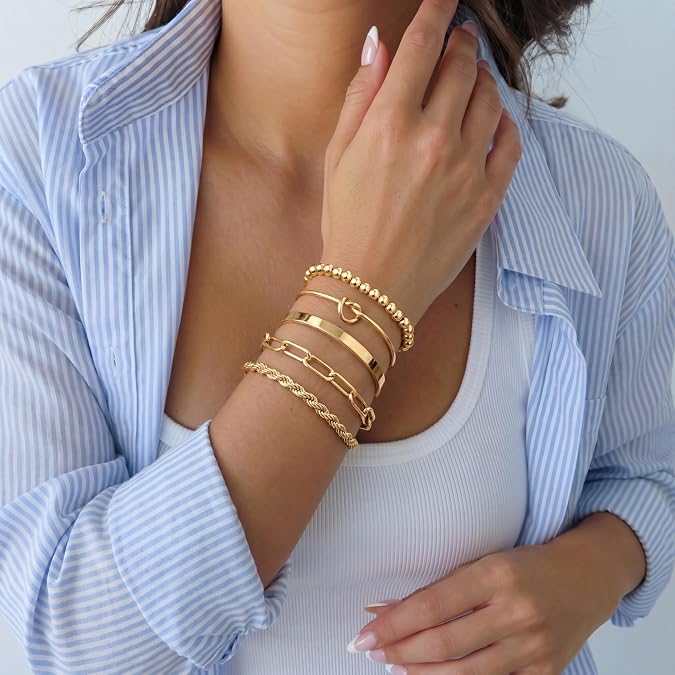Gokeey Gold Bracelets Set for Women Non Tarnish, Waterproof 14K Gold Plateder Women Trendy Fashion Accessories Tie Knot Cuban Rope Paperclip Beaded Bracelet Stack Jewelry Mothers Day Gifts for Mom Birthday