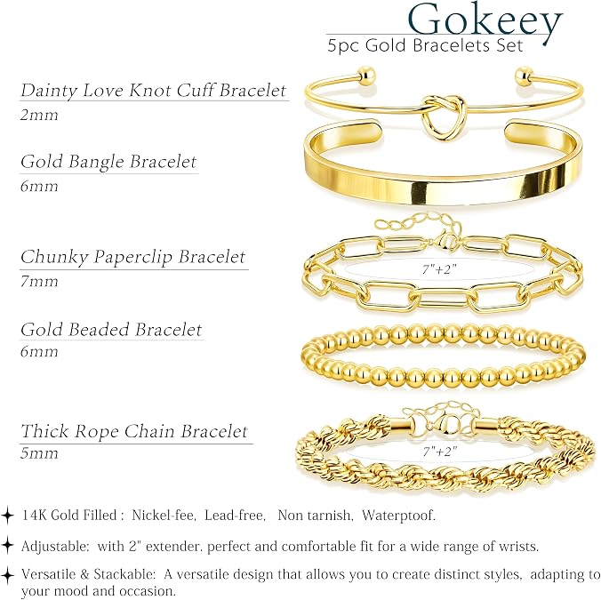 Gokeey Gold Bracelets Set for Women Non Tarnish, Waterproof 14K Gold Plateder Women Trendy Fashion Accessories Tie Knot Cuban Rope Paperclip Beaded Bracelet Stack Jewelry Mothers Day Gifts for Mom Birthday
