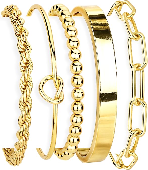 Gokeey Gold Bracelets Set for Women Non Tarnish, Waterproof 14K Gold Plateder Women Trendy Fashion Accessories Tie Knot Cuban Rope Paperclip Beaded Bracelet Stack Jewelry Mothers Day Gifts for Mom Birthday