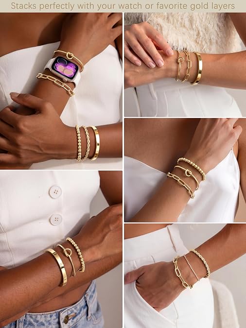 Gokeey Gold Bracelets Set for Women Non Tarnish, Waterproof 14K Gold Plateder Women Trendy Fashion Accessories Tie Knot Cuban Rope Paperclip Beaded Bracelet Stack Jewelry Mothers Day Gifts for Mom Birthday
